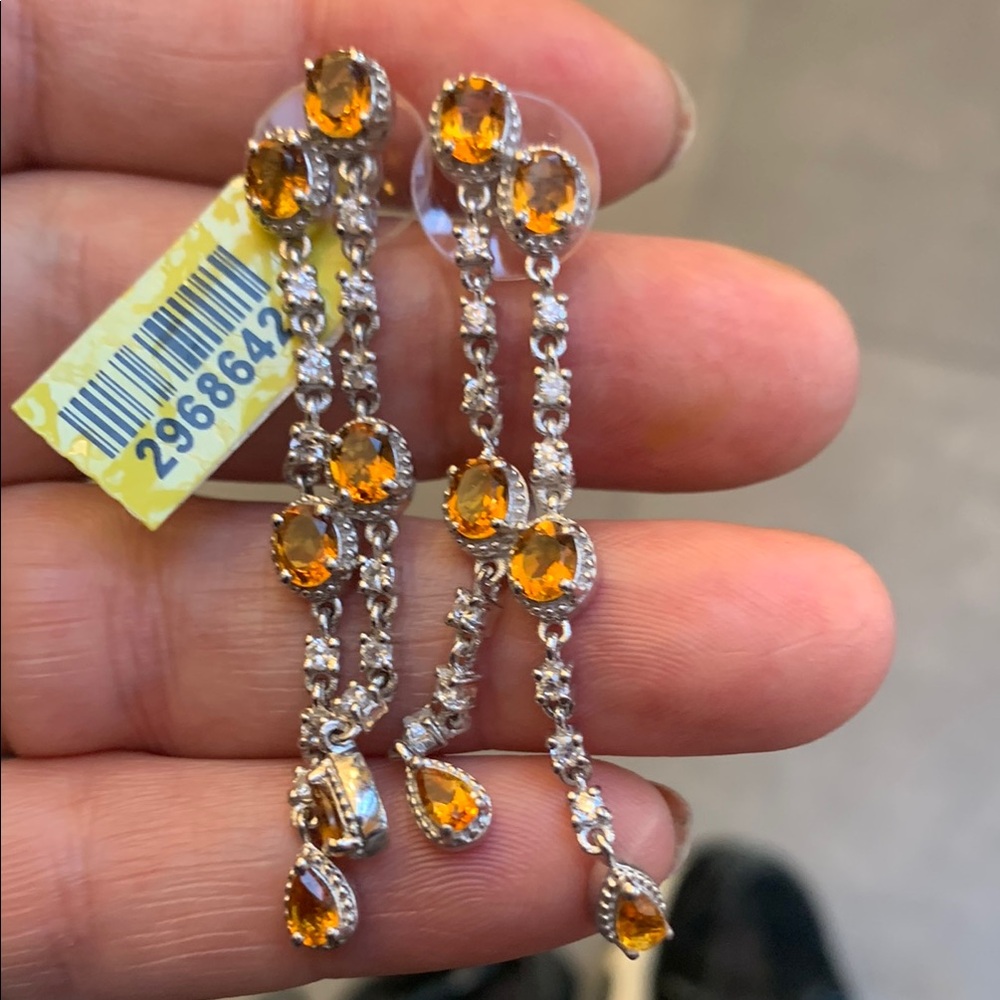 Sterling Silver and Orange Citrine Linear Drop Earrings with Clear Gemstones